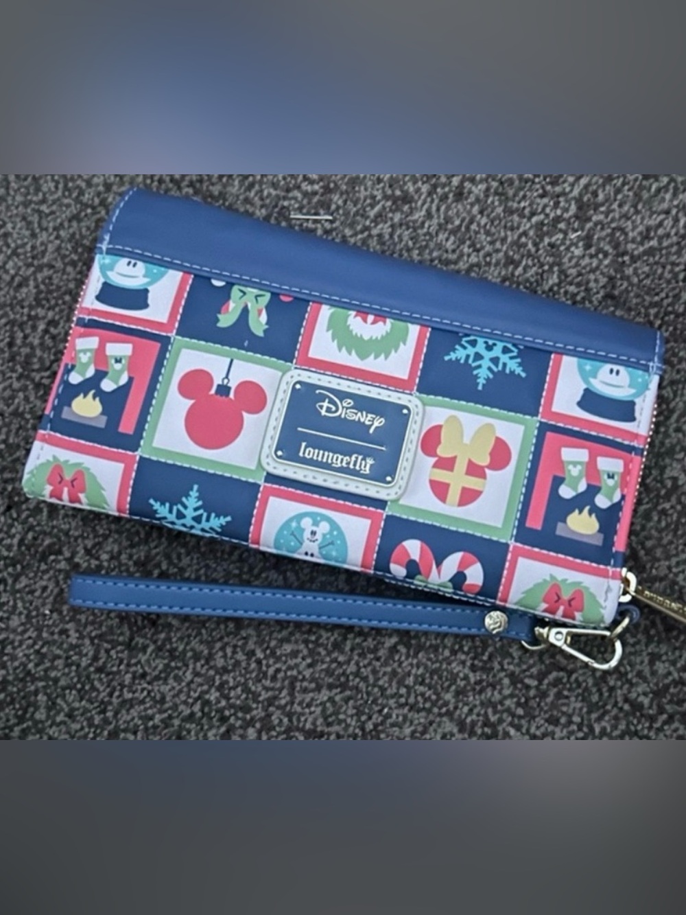 Loungefly Navy Blue Holiday Mickey Pattern Wristlet Wallet